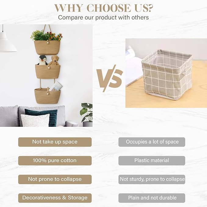 TeoKJ 3-Tier Hanging Baskets for Storage with Pearl Button Strap, Cotton Rope Over the Door Organizer, Wall-Mounted with Hook Decorative Hanging Nursery Baskets, Jute