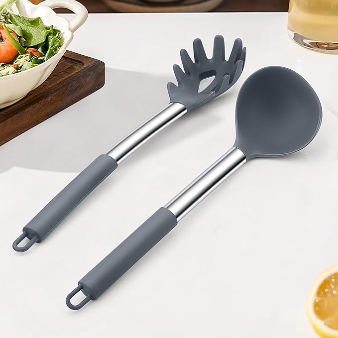 TeamFar Silicone Kitchen Utensils, 2 Pcs Large Nonstick Soup Ladle and Pasta Fork for Cooking Mixing Serving Soup, Sauce, Spaghetti, Eggs, Non-Toxic & Heat-Proof, Dishwasher Safe, Light Grey