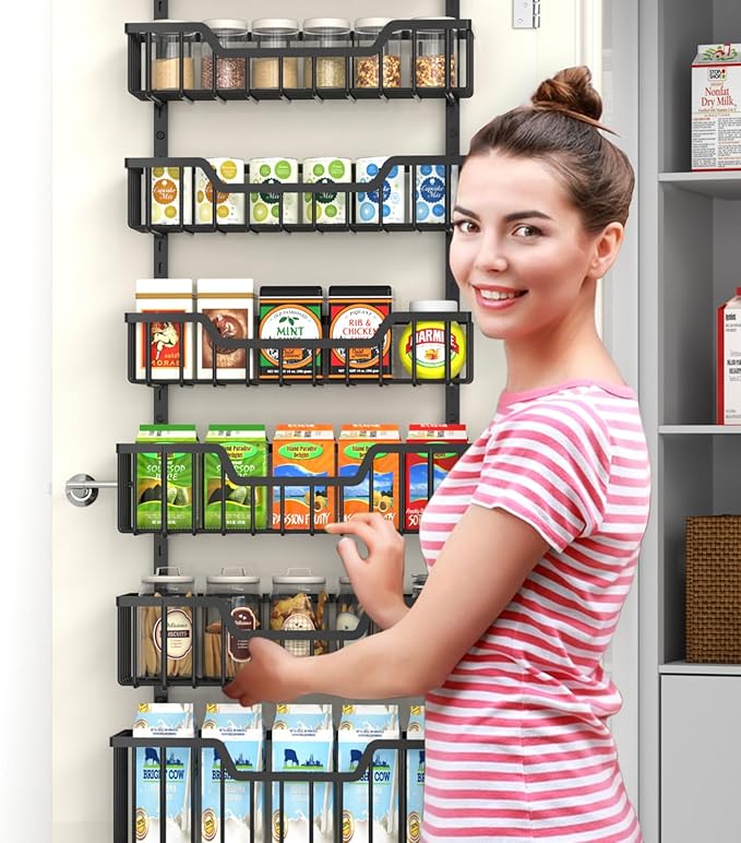Over The Door Pantry Organizer, 8-Tier Pantry Door Organizer Shelves | 3 Sizes | Adjustable Basket | Metal Hanging Spice Rack for Kitchen, Pantry, Cabinet, Back of Door Seasoning Rack, Black