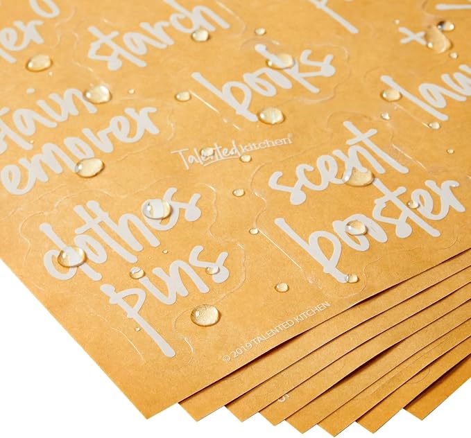 Talented Kitchen 141 Laundry Labels for Jars, Containers - Preprinted White Script Stickers for Linen Closet, Bathroom, Cleaning Supplies Organization, and Laundry Room (Water Resistant)