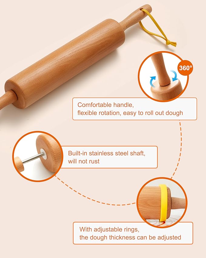 Classic Wood Rolling Pin, 17" Rolling Pins for Baking with Silicone Mat and Adjustable Thickness Rings, Pasta Roller with Wood Base, Fondant Roller for Pie Crust, Cookies, Pizza Dough and Bread