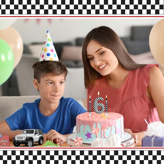 13 Pcs Racing Cars Themed Birthday Candles 12 Black and White Race Number 6 Checkered Candle Cake Topper for Racing Car Party Decoration Supplies (Number 6)
