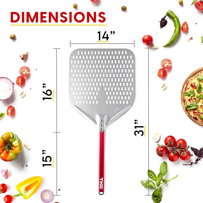 TKC 14” Perforated Pizza Peel – 31 Inch Long Handle Perforated Aluminium Pizza Paddle – Lightweight Pizza Turning Peel – Commercial Grade Pizza Spatula - Outdoor Pizza Oven Accessories - (Silver/Red)