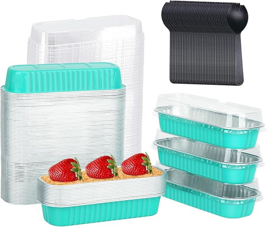 LNYZQUS Mini Loaf Baking Pans with Lids 100 Pack, 6.8oz Rectangle Mini Cake Tins Baking Cups,Disposable Aluminum Foil Baking Pan Muffin Tins Containers -Cyan Blue