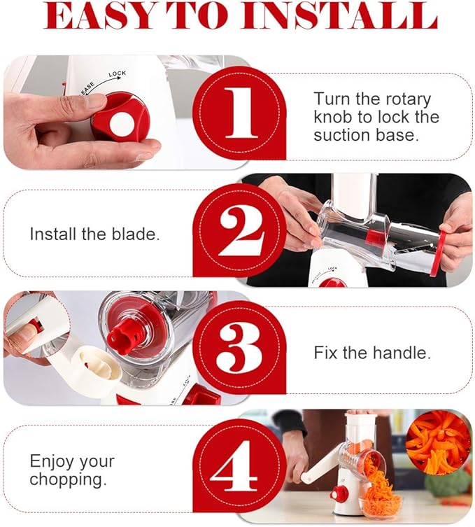 Ourokhome Rotary Cheese Grater Hand Crank, Kitchen Shredder Speed Mandolin Slicer Nuts Grinder with Handle and Drum Blades for Cheese, Vegetable, Chocolate, Potato, Carrot, 3 Blades, White Red