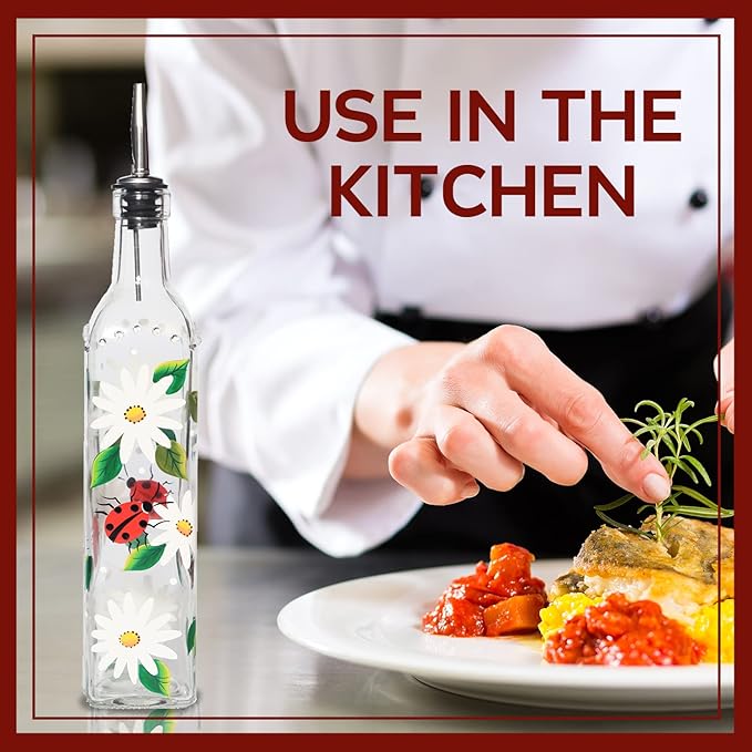 17oz Hand Painted Glass Olive Oil Bottle - 500ml Green Oil & Vinegar Cruet with Pourers - Olive Oil Carafe Decanter for Kitchen (Daisy)