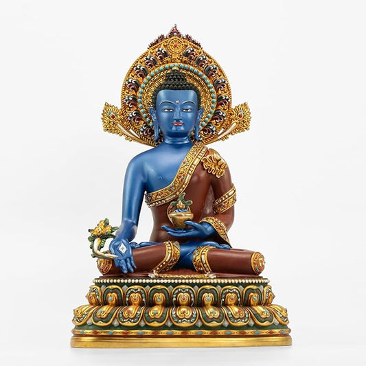 Buddha Statue Indoor, Handmade Copper Buddhism for Peace Home Decorative, Hand-Painted Buddhist Budda Meditation (14.17", Bhaisajyaguru)