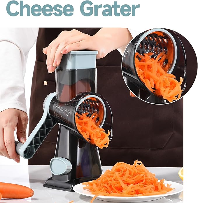 Rotary Cheese Grater Hand Crank Cheese Shredder Vegetable Mandoline Slicer for Kitchen 3 in 1 Changeable Blades for Cheese Potato Nuts Chocolate Ice(GreyBlue)