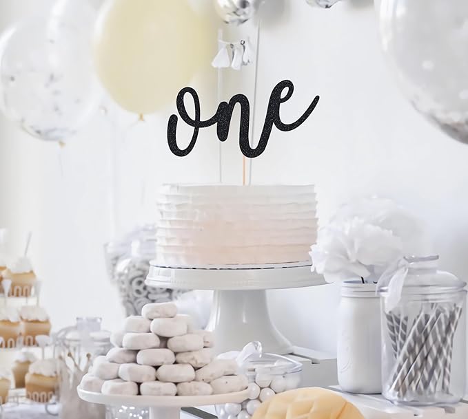 First Birthday Cake Topper - Black Glitter One Cake Decorating Supplies for Girls and Boys, Perfect for Baby Shower/Gender Revealing Party/Baby Party Photo Booth Props
