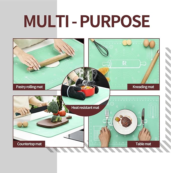 Silicone Baking Mat 20"L x 28"W, Extra Thick Dough Rolling Pad with Measurements and Edge Heightening, Non-stick Food Grade Silicone Pastry Mat for Pastry, Bread, Cookies