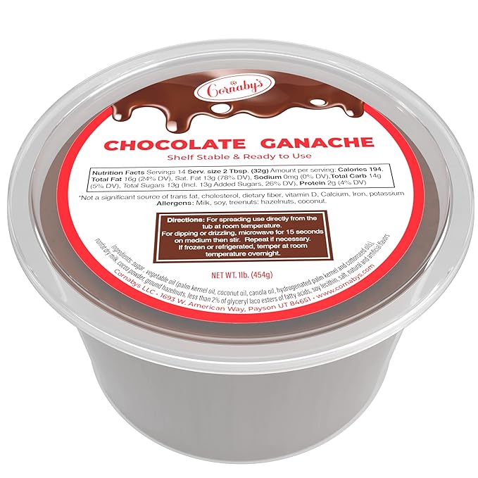 Cornaby's Ready to Use Chocolate Ganache (2 pack) | Rich & Creamy Chocolate Topping, Drizzle or Dip for Strawberries, Pretzels, Macarons, Cookies, Cupcakes & Layer Cakes | 2 Plastic Tubs - 1 LB Each