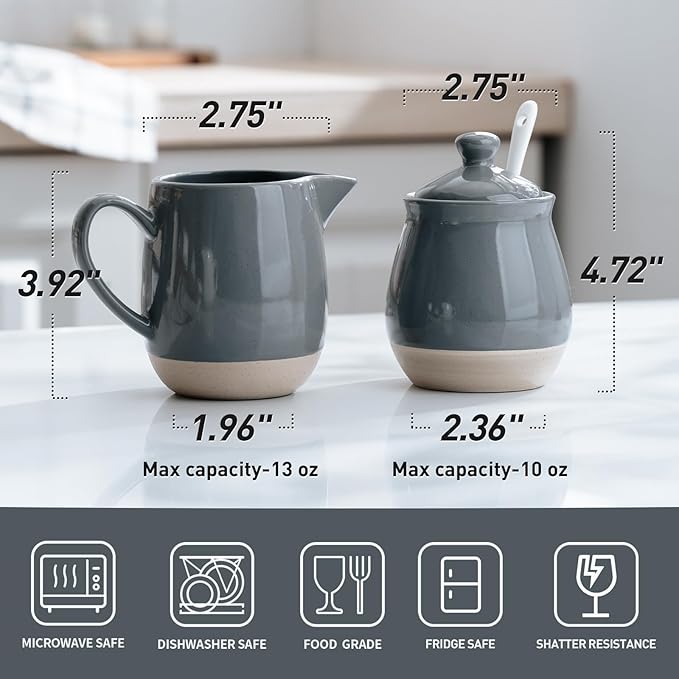 famiware Milkyway Ceramic Sugar and Creamer Set, 10oz Sugar Bowl & 13oz Creamer Set – Stoneware Milk Pitcher & Sugar Dispenser for Coffee Bar, Kitchen, or Countertop, Coffee Serving Set, Dark Gray