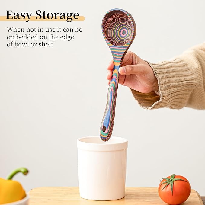 Gudamaye Pakkawood Rainbow Deep Soup Ladles,Pakkawood Ladle,10.6 inch Big Soup Ladle for Cooking,Deep Ladle Spoons,Wood Ladle, Wood Kitchen Utensils Set, Wooden Spoons for Cooking
