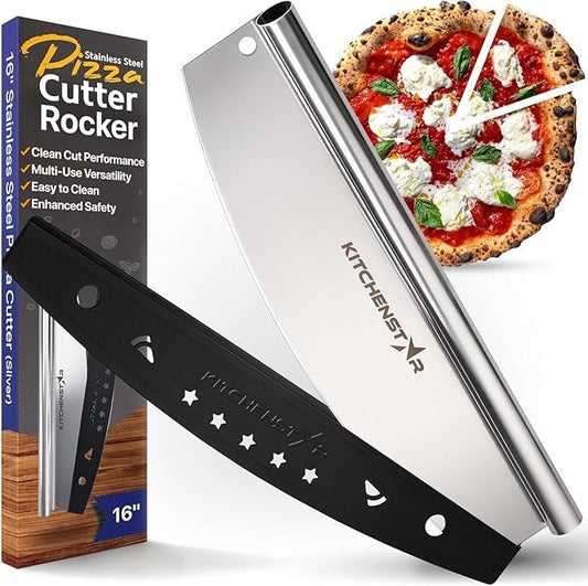 KitchenStar 16-Inch Pizza Cutter Rocker Blade - Sharp Stainless Steel Slicer Knife, Protective Cover, Dishwasher Safe, Large - Professional Pizza Oven Accessories
