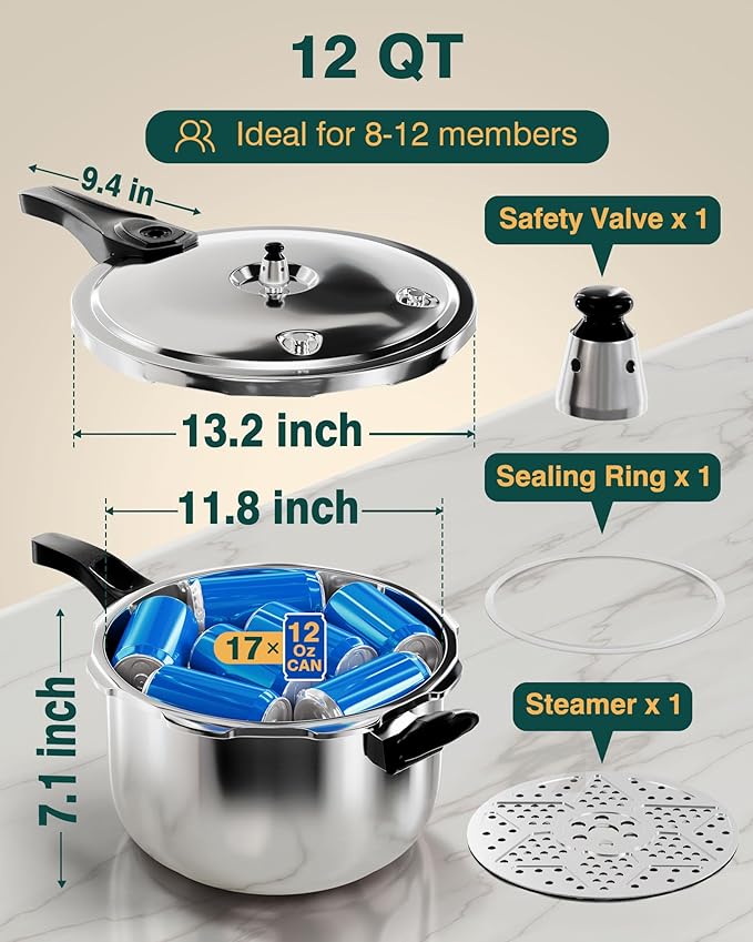 WantJoin Pressure Cooker, 12 Quart Stainless Steel Pressure Canner, Induction Compatible Cookware with Spring Valve Safeguard Devices,Compatible with Gas & Induction Cooker