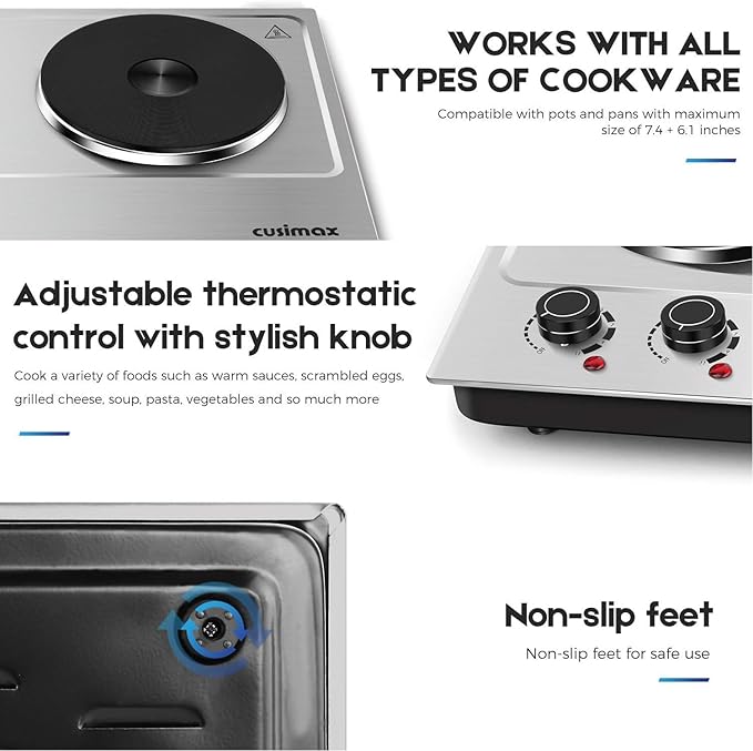Hot Plate,Cusimax Double Burner 1800W Cast Iron Heating Plate,Electric Stove with Adjustable Temperature Control,Stainless Steel,Suitable for Various Scenarios Upgraded Version