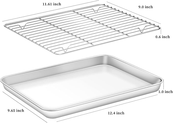 Deedro Baking Sheet with Rack Set [2 Sheets + 2 Racks], Stainless Steel Cookie Half Sheets Baking Pan Oven Tray with Cooling Rack, 12 x 10 x 1 Inch, Heavy Duty, Non-toxic, Easy Clean