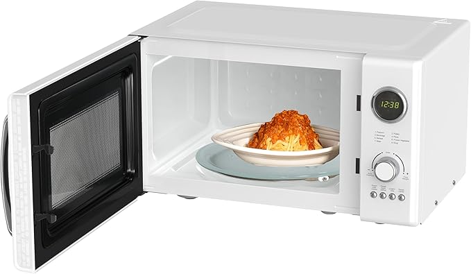 Emerson MWRG0901W Retro Microwave with 1,000W Grill Function 800W Cooking, LED Display, 5 Power Levels, 8 Auto Menus, Glass Turntable, Child Lock, 0.9 Cu. Ft, White Countertop Design