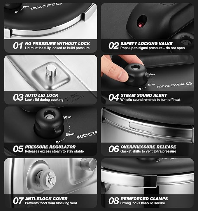 KOCH SYSTEME CS Stainless Steel Pressure Cooker 8.5 Quart, Olla de Presion, 3 PSI Settings, 18/10 Stainless Steel Pressure Cooker, One-Press Lock Pressure Cookers, Induction Ready, Glass Lid & Steamer