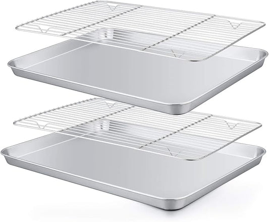 TeamFar Baking Pan with Rack Set of 4, 12.5’’ x 9.5’’ Stainless Steel Toaster Oven Baking Pan with Cooling Rack, Healthy & Non Toxic, Easy Clean& Mirror Finish, Dishwasher Safe - (2 Pans + 2 Racks)