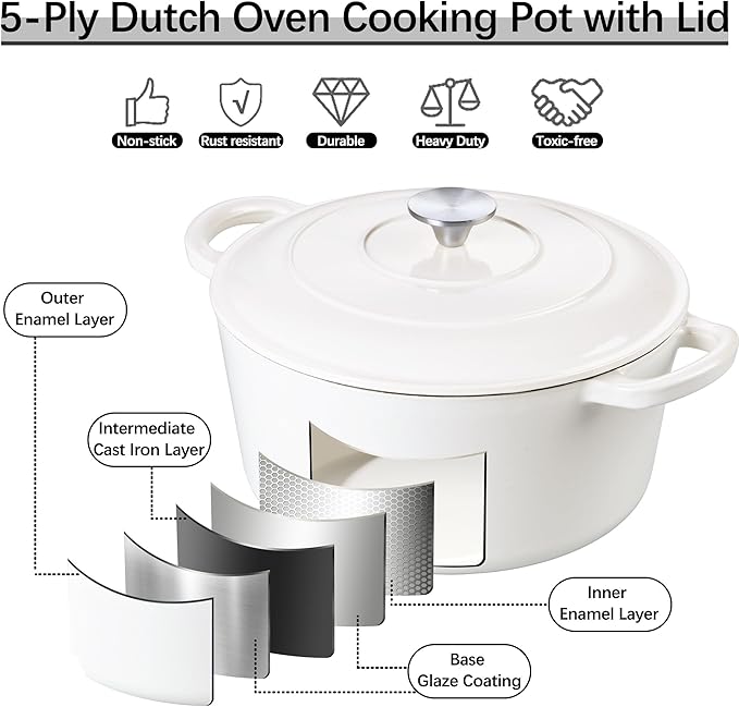 E-far 7QT Enameled Dutch Oven, Cast Iron Dutch Oven Pot with Lid for Cooking/Bread Baking/Braising/Roasting/Stewing, Heavy Duty Round Nonstick Cookware Safe for Induction & Oven - White