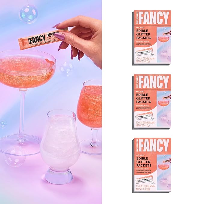 Fancy Sprinkles Opulust Edible Glitter Packets Portable & On-The-Go for Sparkling Drinks, Champagne, Cocktails, Wine, Beer, & more. (3 Pack)