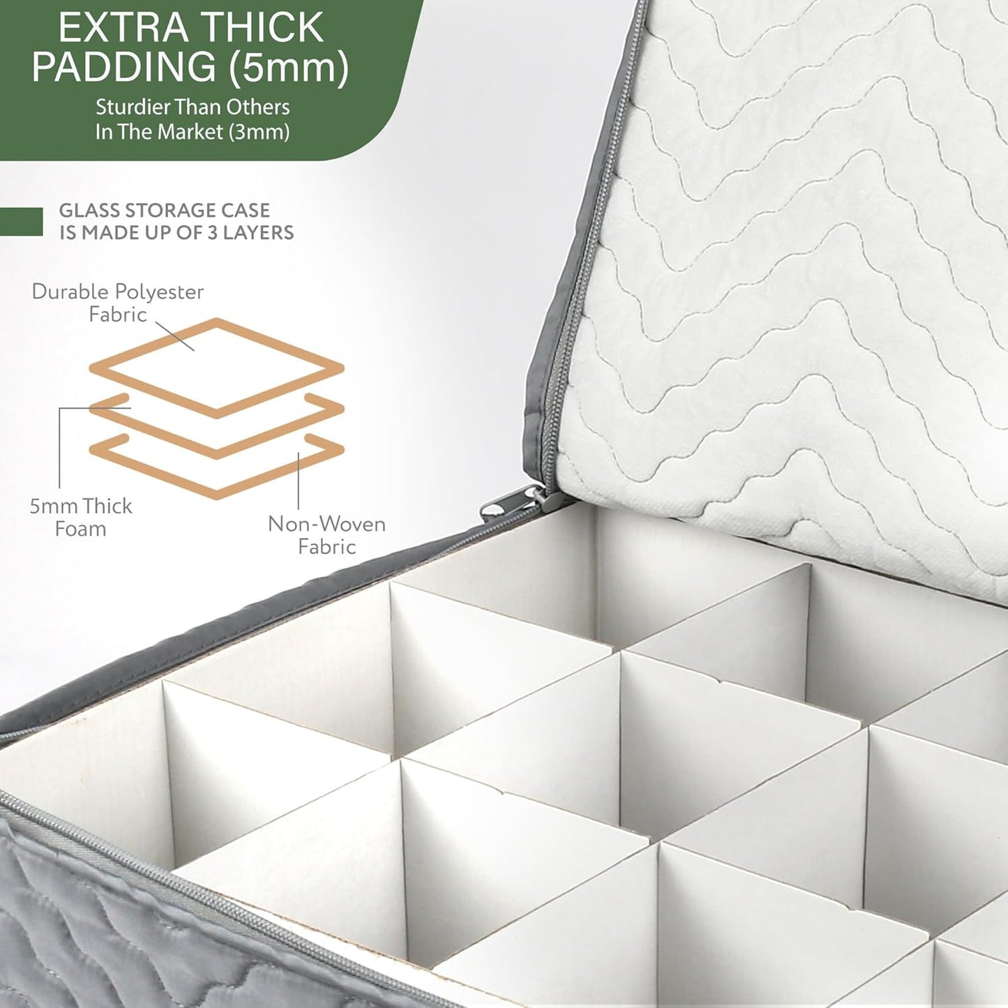 LotFancy Stemware Storage Container - Deluxe Quilted Storage Case with Dividers for 12 - Wine Glasses, Champagne Flutes, Glassware, Drinkware Storage Box Chest, 15.5"x12.5"x 10", Gray