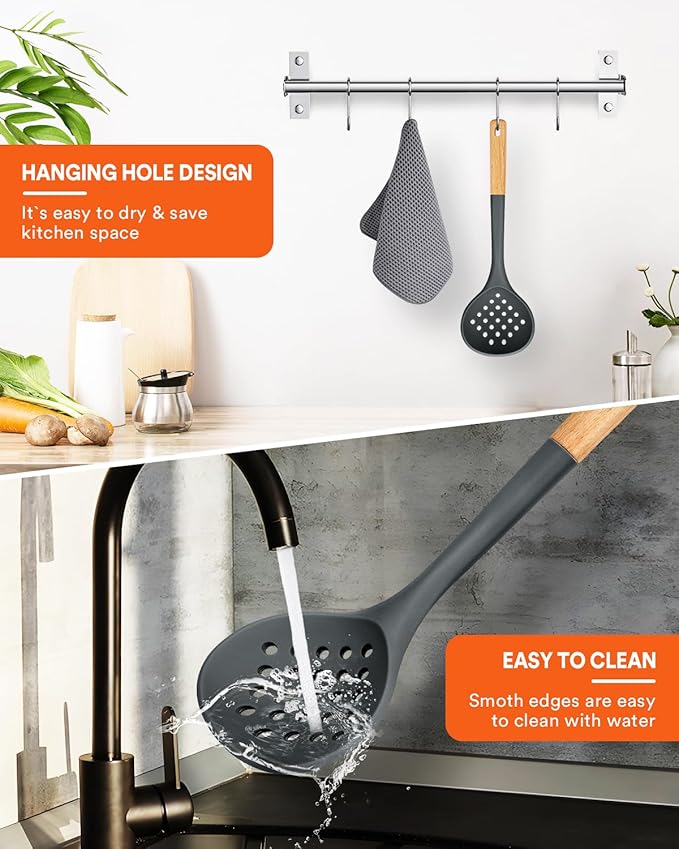 Kitchen Ladle Strainer, Large Slotted Spoon with High Heat Resistant BPA Free, Non Stick Cooking Skimmers For Draining & Frying, 13.2inch (Grey)