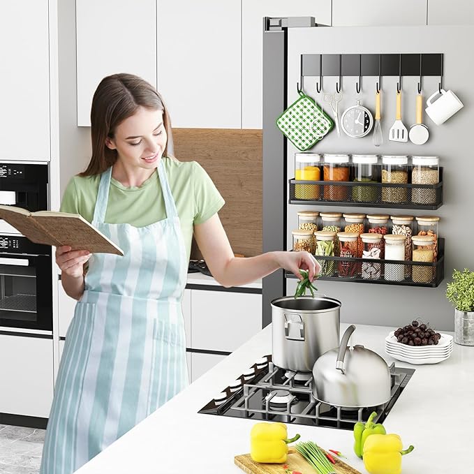 Magnetic Spice Rack for Refrigerator, 3 Pack Magnetic Shelf, Moveable Fridge Organizer with 8-Hook Rack, Seasoning Organizer for Kitchen