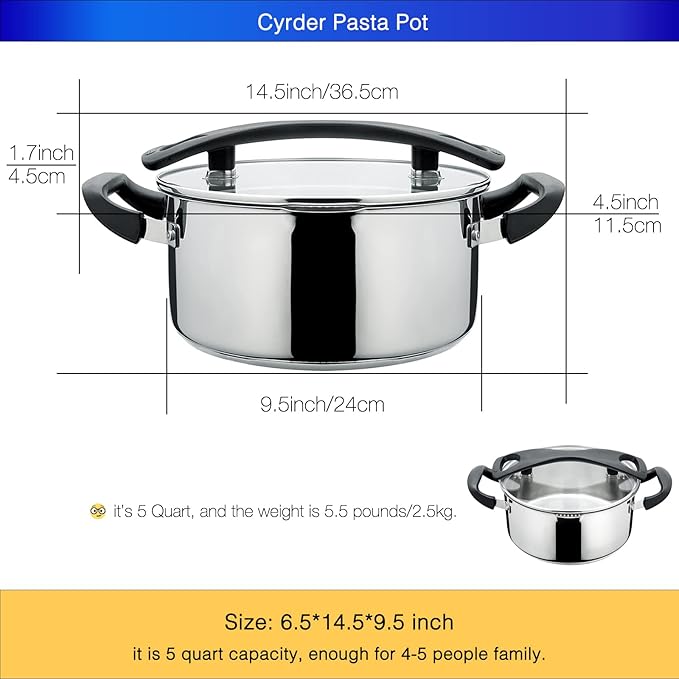 Stainless Steel Pasta Pot, Dutch Oven, Induction Pasta Pot with Strainer Lid, Stock Pot/Soup Pot, Easy Cleanup Stylish Cookware, Dishwasher Safe, 5 Quart