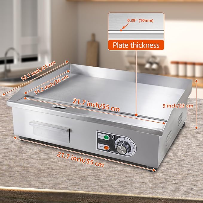 22" Commercial Electric Griddle,Electric Countertop Flat Top Griddle,110V 1600W Electric Flat Top Grill,Non-Stick Restaurant Teppanyaki Stainless Steel Grill,Adjustable Temperature Control