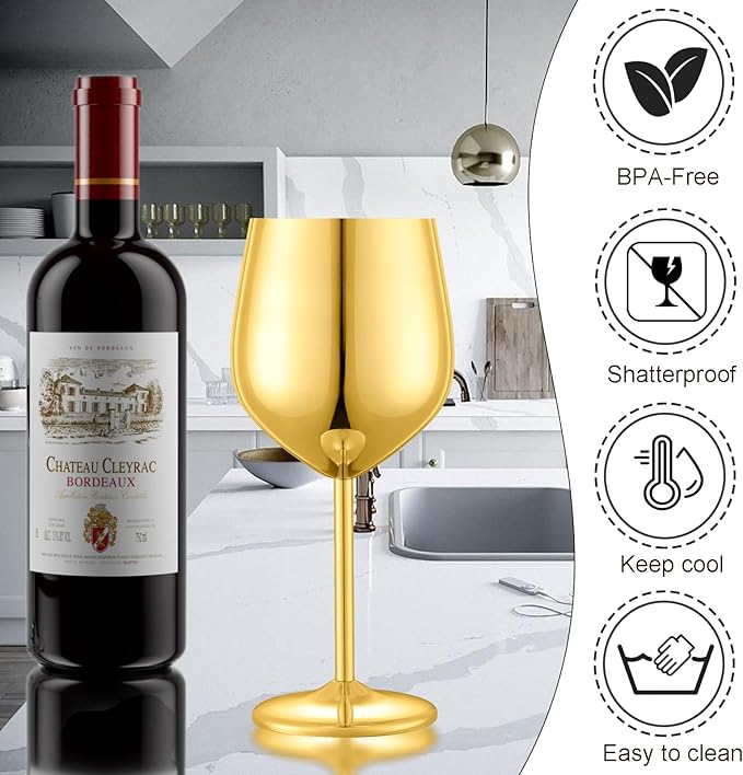 Stainless Steel Wine Glasses Set of 4 Unbreakable Gold Wine Glass 18 oz Unique Metal Wine Goblets for Outdoor, Travel, Camping, Pool, Ideal Gift for Wine Lovers