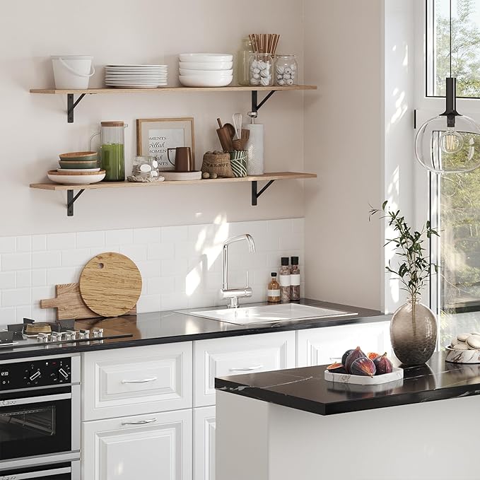 DINZI LVJ Long Wall Shelves, 55.1Inch Wall Mounted Shelves Set of 2, Extra Large Storage Ledges with Sturdy Metal Brackets for Living Room, Bathroom, Bedroom, Kitchen, Natural