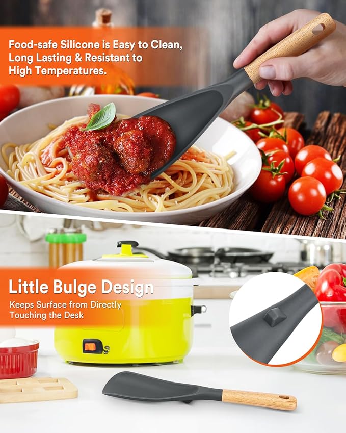 Cooking Spoon and Rice Scooper for Nonstick Cookwares, Great for Cooking and Serving Sturdy BPA-Free Matte Silicone, Wood Handle Spoon for Mixing, Scoop, and Scrape (GREY)