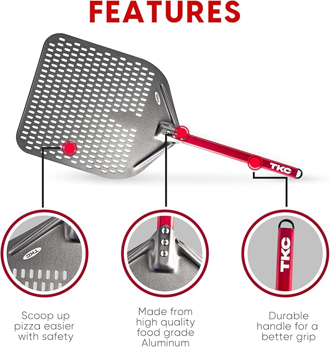 TKC 14” Perforated Pizza Peel – 31 Inch Long Handle Perforated Aluminium Pizza Paddle – Lightweight Pizza Turning Peel – Commercial Grade Pizza Spatula - Outdoor Pizza Oven Accessories - (Silver/Red)