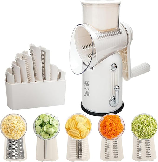 ZHANG XIAO QUAN SINCE 1628 5-in-1 Interchangeable Blades Rotary Cheese Grater Hand Crank, Cheese Shredder Mandoline Vegetable Julienne Slicer Cutter Nut Chopper with Anti-Slip Base, Blade Storage