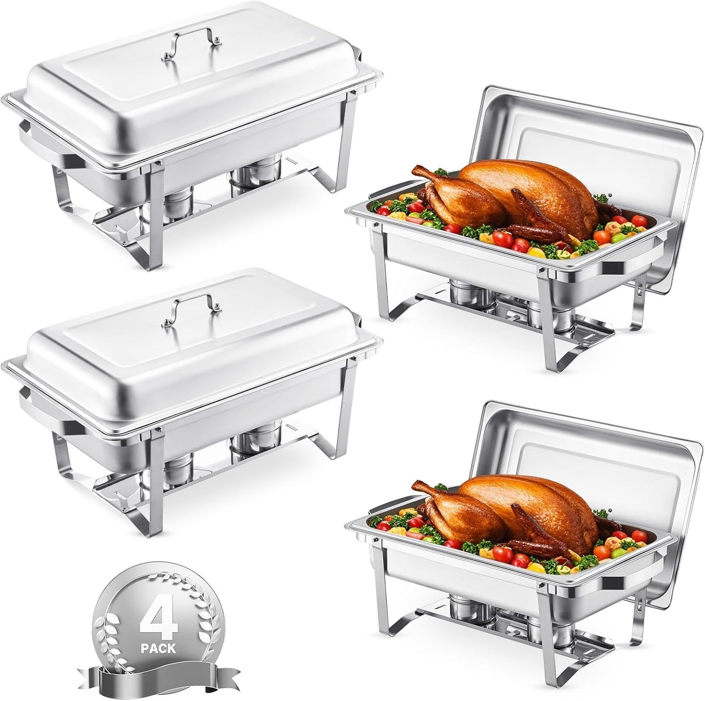 VEVOR Chafing Dish Buffet Set, 8 Qt 4 Pack, Stainless Chafer with 4 Full Size Pans, Rectangle Catering Warmer Server with Lid Water Pan Folding Stand Fuel Tray Holder Spoon Clip