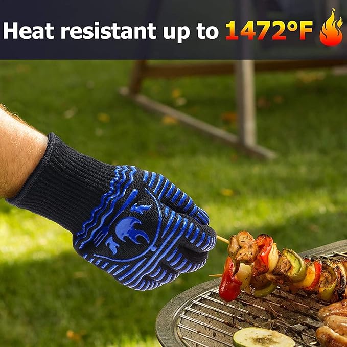 BBQ Gloves, 1472°F Extreme Heat Resistant Grill Gloves, Non-Slip Food Grade Silicone Oven Mitts for Kitchen, Cooking, Barbecue, Baking, Smoker (11inch)