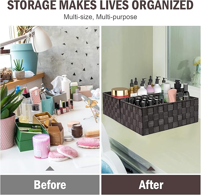 Woven Storage Baskets, Storage Bins, Cube Basket Container Baskets Storage Boxes Organizers for Clothes /Shelves/ Closet, Set of 6 (Brown)