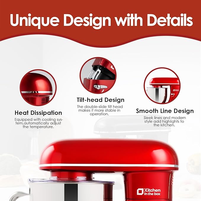 Kitchen in the box Stand Mixer - 6.5 Quart Mixing Bowl, 900 Watt Powful Bread Bread Dough Mixers Tilt-head with Dough Hook, Whisk, Flat Beater and Splash Guard (Red)