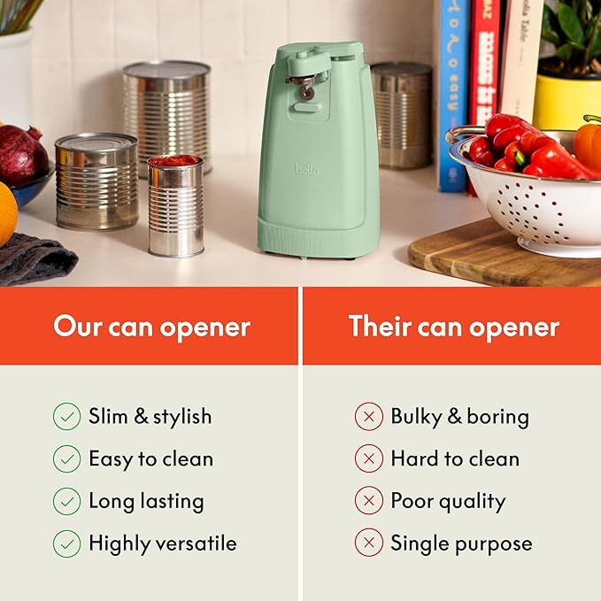 bella Electric Can Opener and Knife Sharpener, Multifunctional Jar and Bottle Opener with Removable Cutting Lever and Cord Storage, Stainless Steel Blade, Seaglass