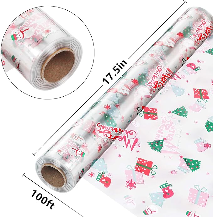 100' Long x 17.5' Wide Crystal Clear Cellophane Roll - 3 Mil Thicker Merry Christmas Cellophane for Gift Baskets, Flower Arts, Crafts, Food Treats Wrapping
