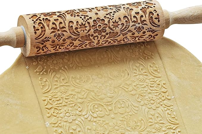 Christmas Wooden Rolling Pin for Baking Engraved Embossing Rolling Pin Cookie Stamps Roller Square Grid Cookies Mold Kitchen Decor Tools for Baking Embossed Cookies (Flower Plant)