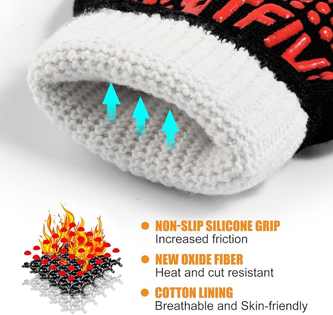 BBQ Gloves, Oven Gloves, 1472°F Extreme Heat Resistant Barbecue Gloves, Silicone Non-Slip Oven Mitts, Kitchen Gloves for Cooking, Grilling, and Baking (Red)