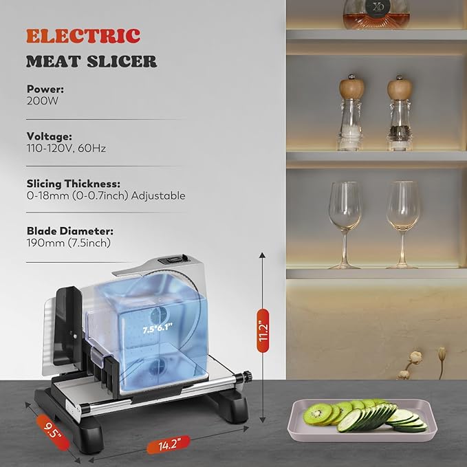 Moongiantgo Meat Slicer Electric with Removable 7.5’’ Blades Stainless Steel, 0-18mm Adjustable Thickness, Deli Food Slicer with Child Lock Protection for Meat, Fruit, Bread, Cheese, 110V