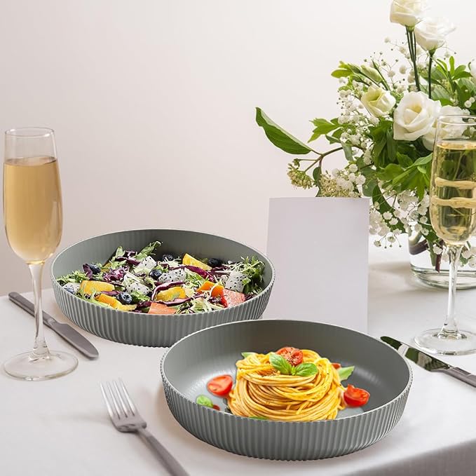 Kyraton Pasta Bowls Set of 4, 37oz Salad Bowls Soup Bowls Large Pasta Serving Bowl Plastic Unbreakable Serving Dishes Dinner Bowls (Grey)