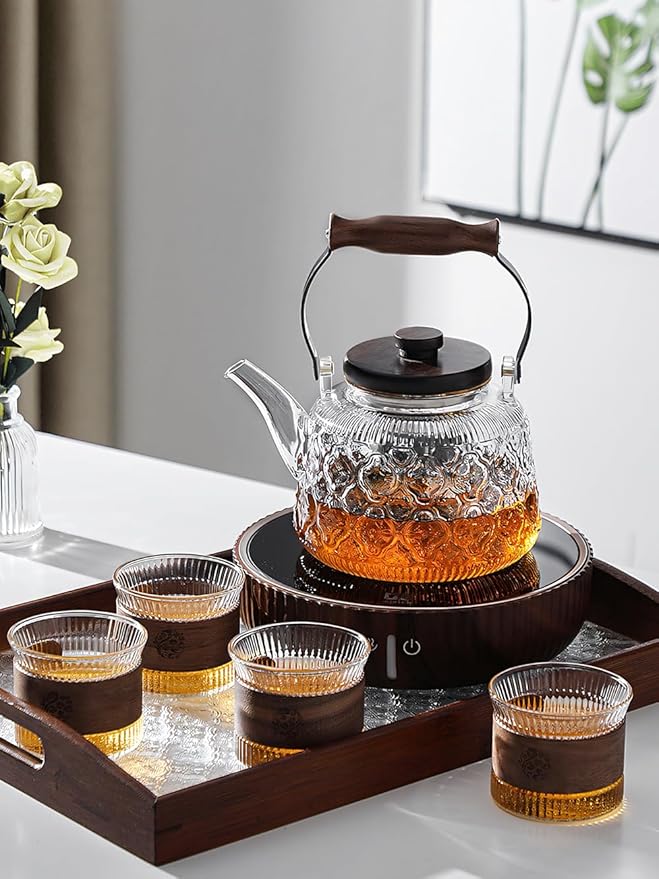 IwaiLoft Stovetop Safe Glass Teapot with Malus Spectabilis Pattern Removable Infuser Fine Borosilicate Tea Pot perfect for Fruit Flowering Tea Canister Premium Quality Tea Kettle Gift(Transparent)