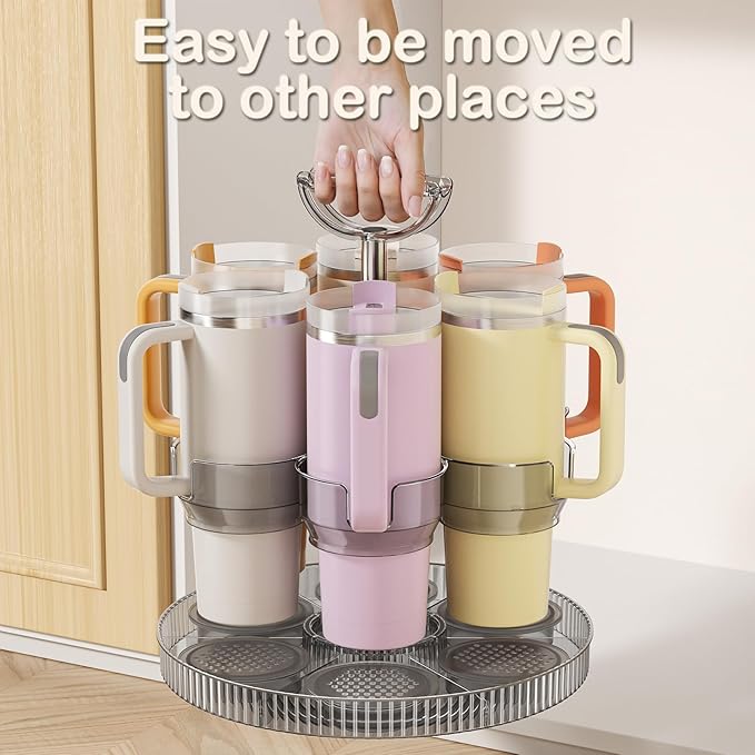 Rotating Stanley Cup Holder, Portable Water Bottle Organizer for 6 Stanley 40 oz & Mug, Adjustable Lazy Susan Organizer for Table Top Cabinet Home Countertop Pantry Shelf Tumbler Lid Organizer