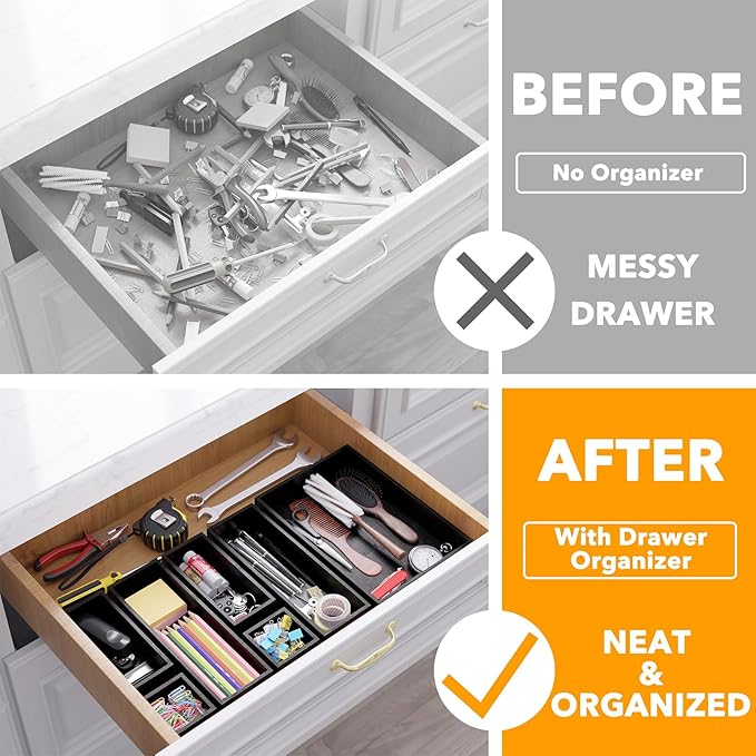 SpaceAid 7-Piece Bamboo Drawer Organizer Storage Boxes Set, Wood Tray Junk Drawer Organizers Multi-Use Divider Bins for Kitchen, Bathroom, Office Desk and Makeup Organization (7 Pack, Black)