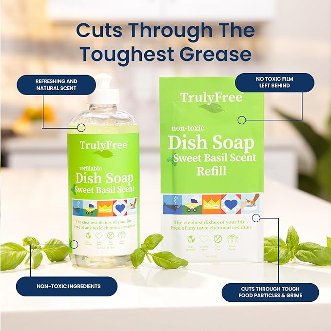Natural Concentrated Dish Detergent Dishwashing Liquid | Plant-Based Dish Soap | Sweet Basil Fresh Scent | 2 Refill Packs with 1 Empty Refillable Squeeze Bottle (16 Oz)
